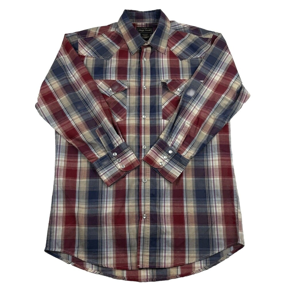 Vintage High Noon Western Pearl Snap Shirt Mens M Reg Plaid Long Sleeve